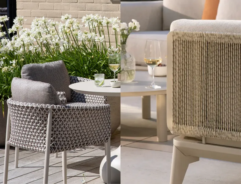 Rope en wicker tuinstoelen uit de Essentials by Bristol collectie van Exterioo tuinmeubelen