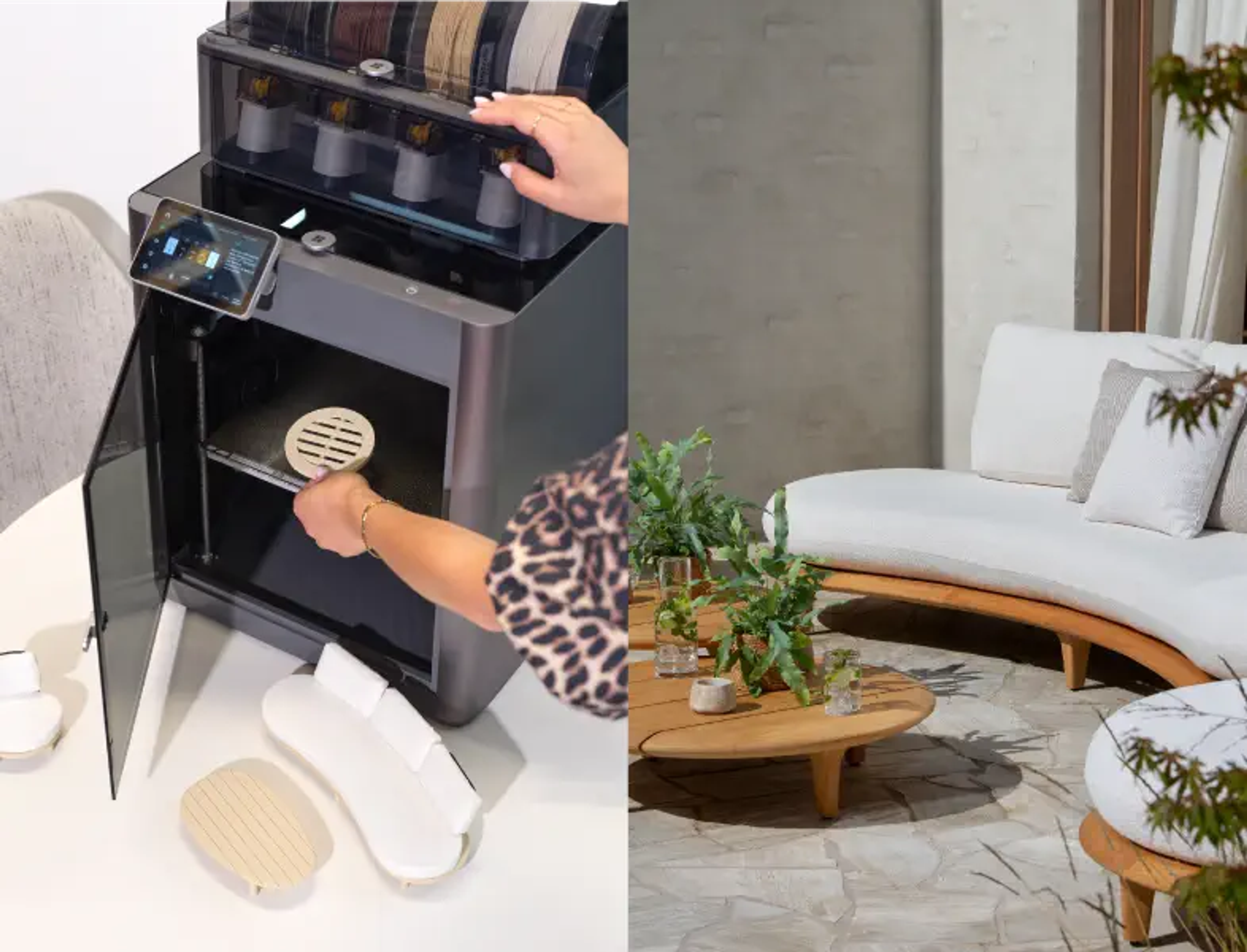 een dubbel beeld van een 3d printer en een lounge van exterioo