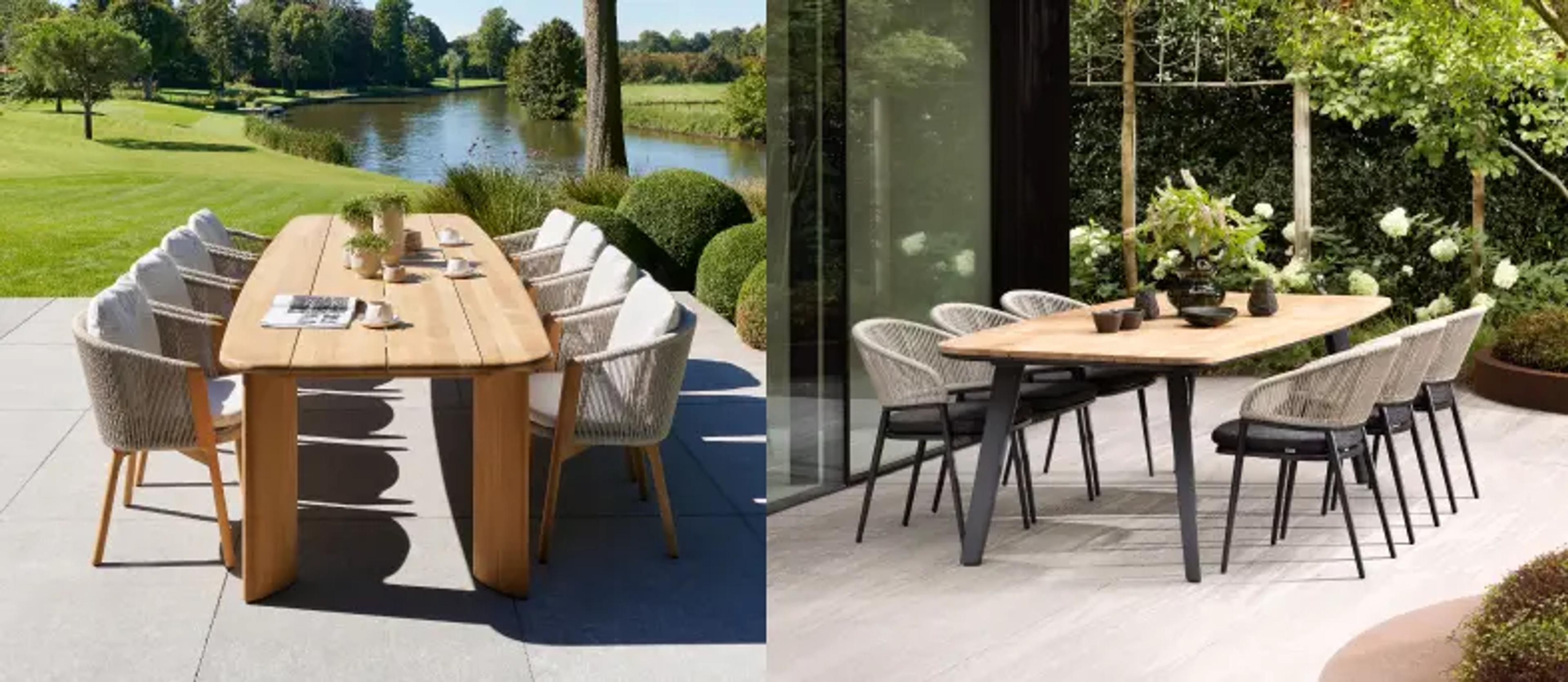 Een dubbel beeld van twee tuintafels met een bootvorm van exterioo tuinmeubelen 