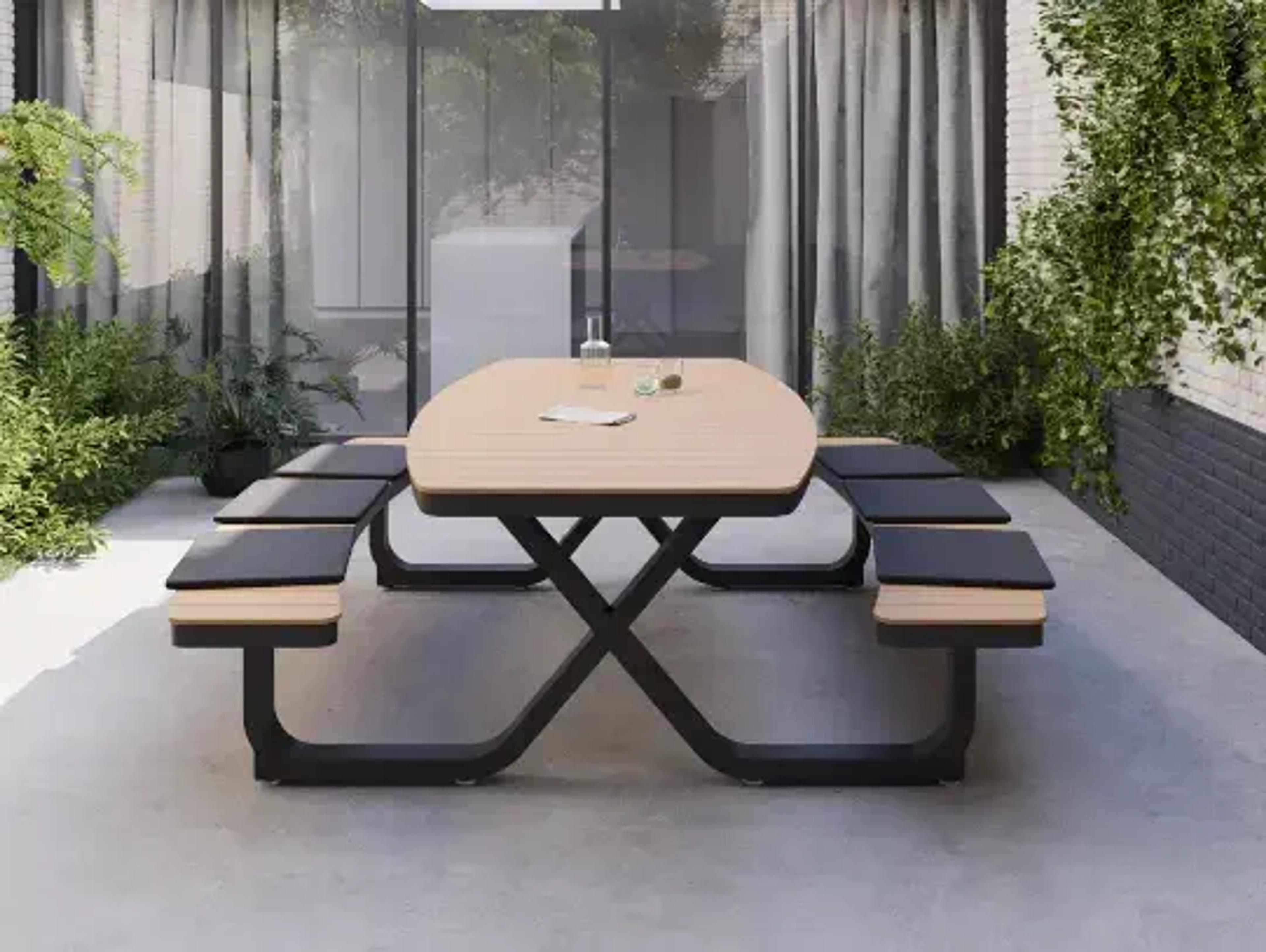 Zomers terras met picknickbank met Polywood van Vinci Basics door Exterioo tuinmeubelen