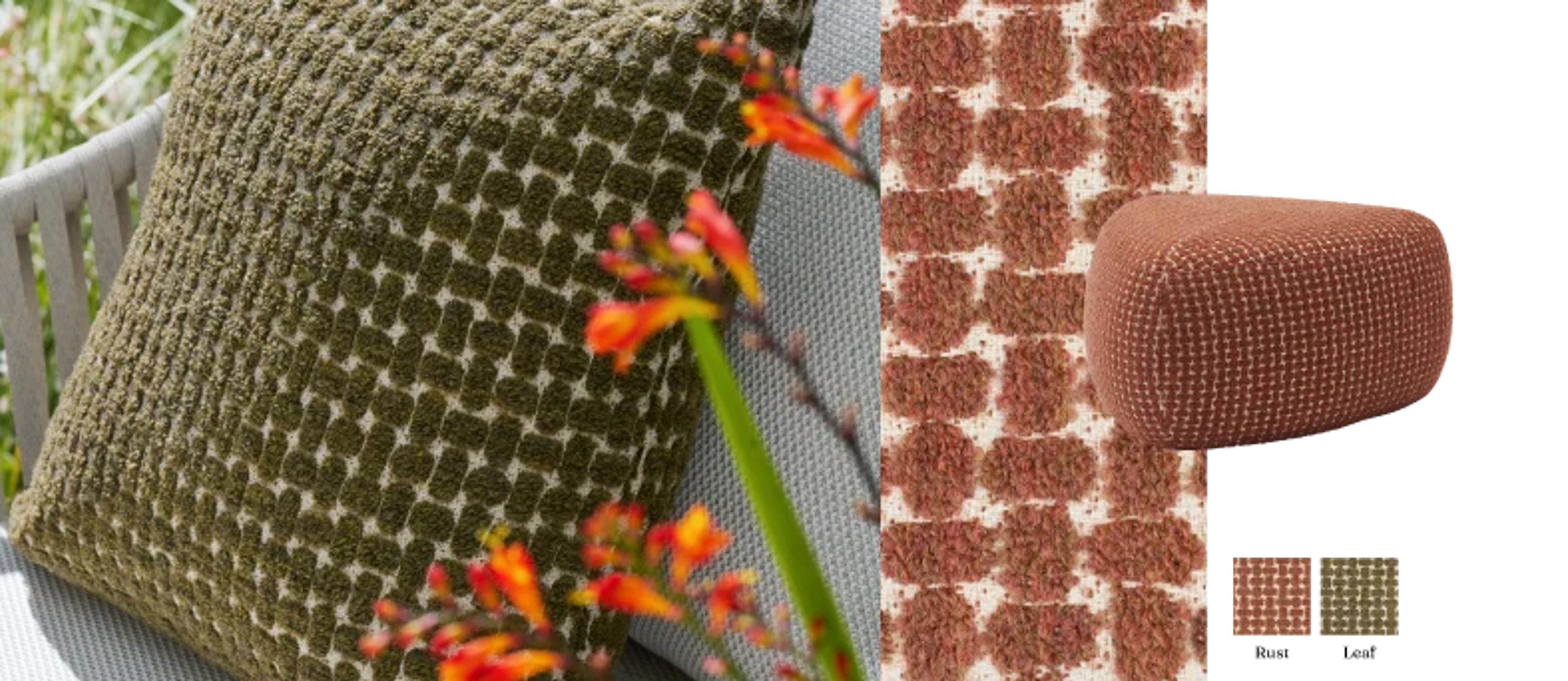 Detailfoto van stof Pebble Rust en Pebble leaf Cosytica van Bristol à la carte door Exterioo tuinmeubelen