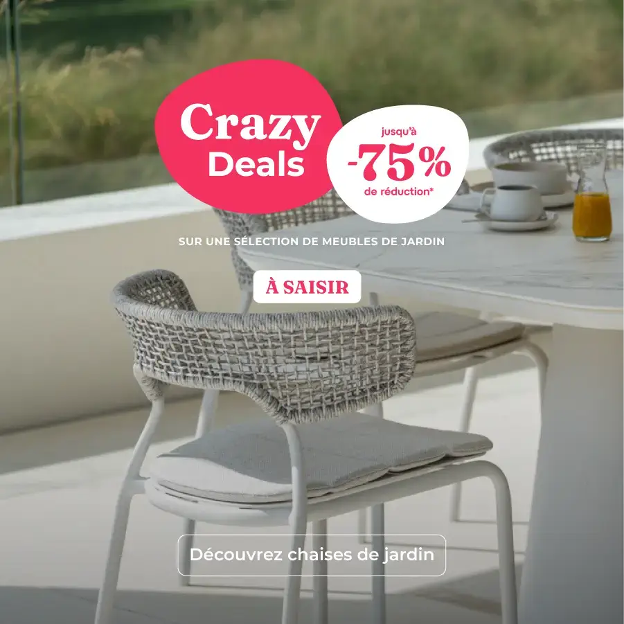 Crazy Deals chez Exterioo mobilier de jardin, jusqu'à -75 % de réduction sur une sélection de mobilier de jardin. À saisir.
