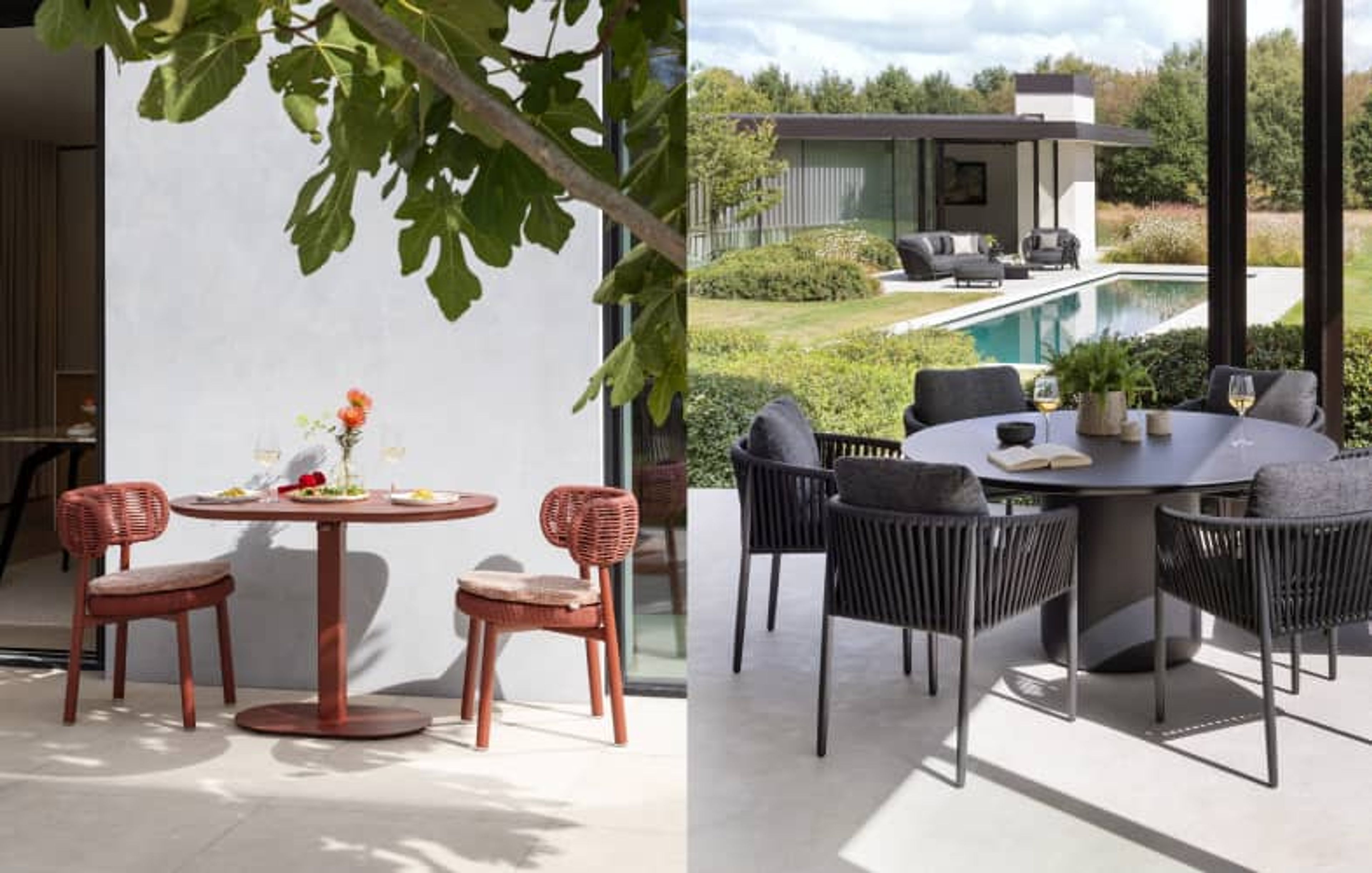  Twee beelden naast elkaar. Het eerste beeld is een zonnig teras met een bistrotafel met twee stoelen en een loungestoel. Het tweede beeld is een lounge aan een zwembad