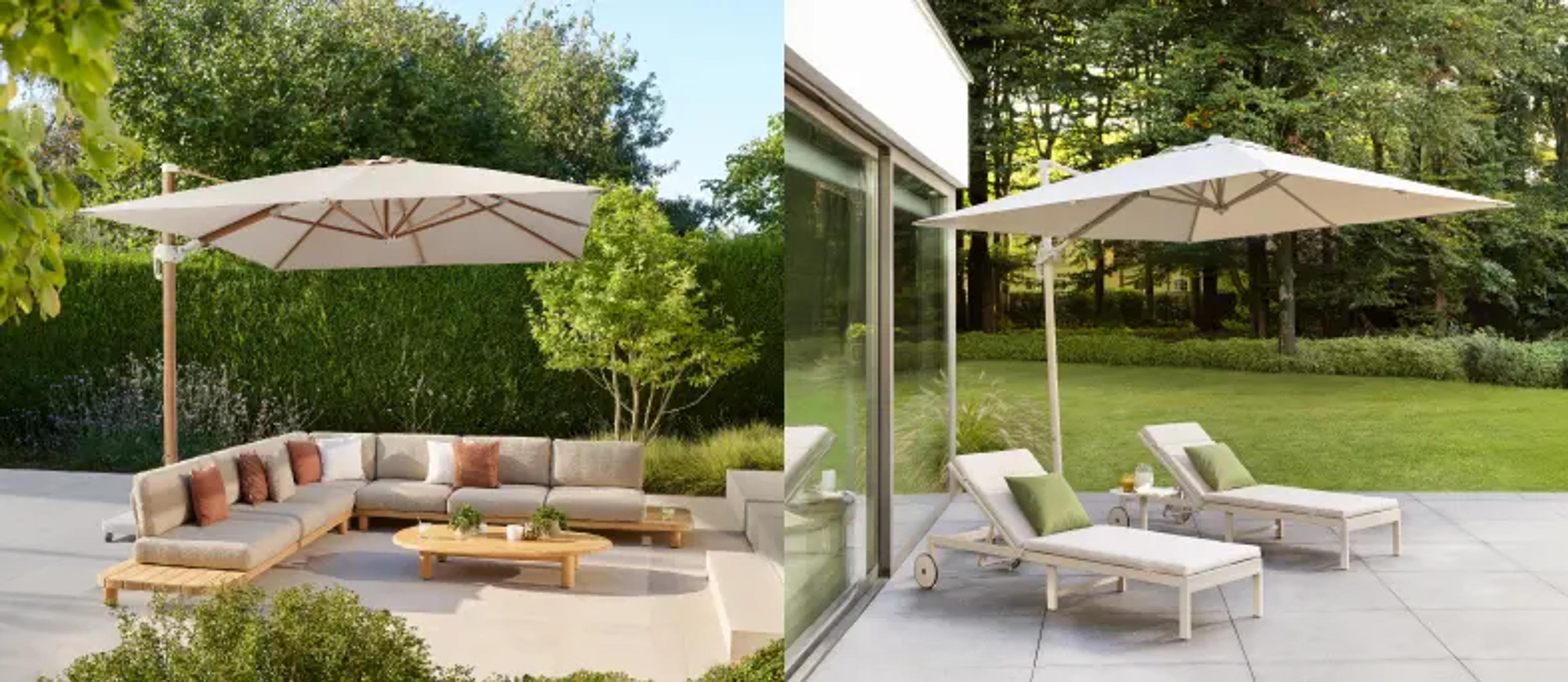 Twee beelden naast elkaar van een zomers terras met zweefparasol van Bristol à la carte door Exterioo tuinmeubelen