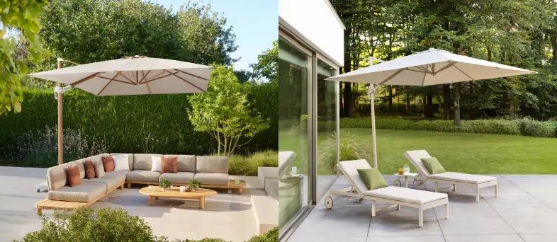 Twee beelden naast elkaar van een zomers terras met zweefparasol van Bristol à la carte door Exterioo tuinmeubelen