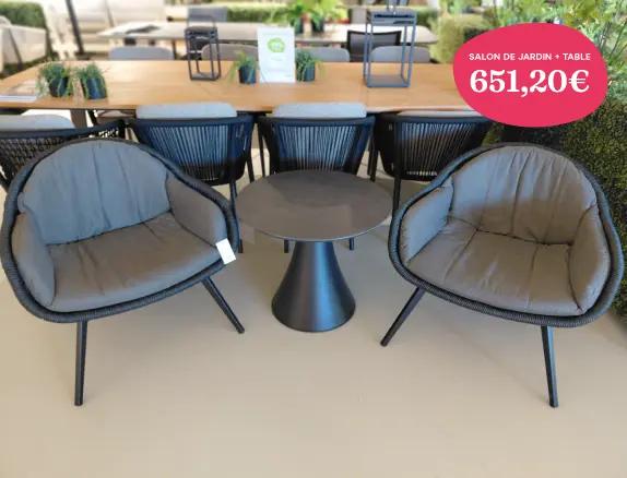 Ensemble lounge Pagino & table Fano low dining de la collection Bristol à la carte d’Exterioo tuinmeubelen pour 651,20 €.