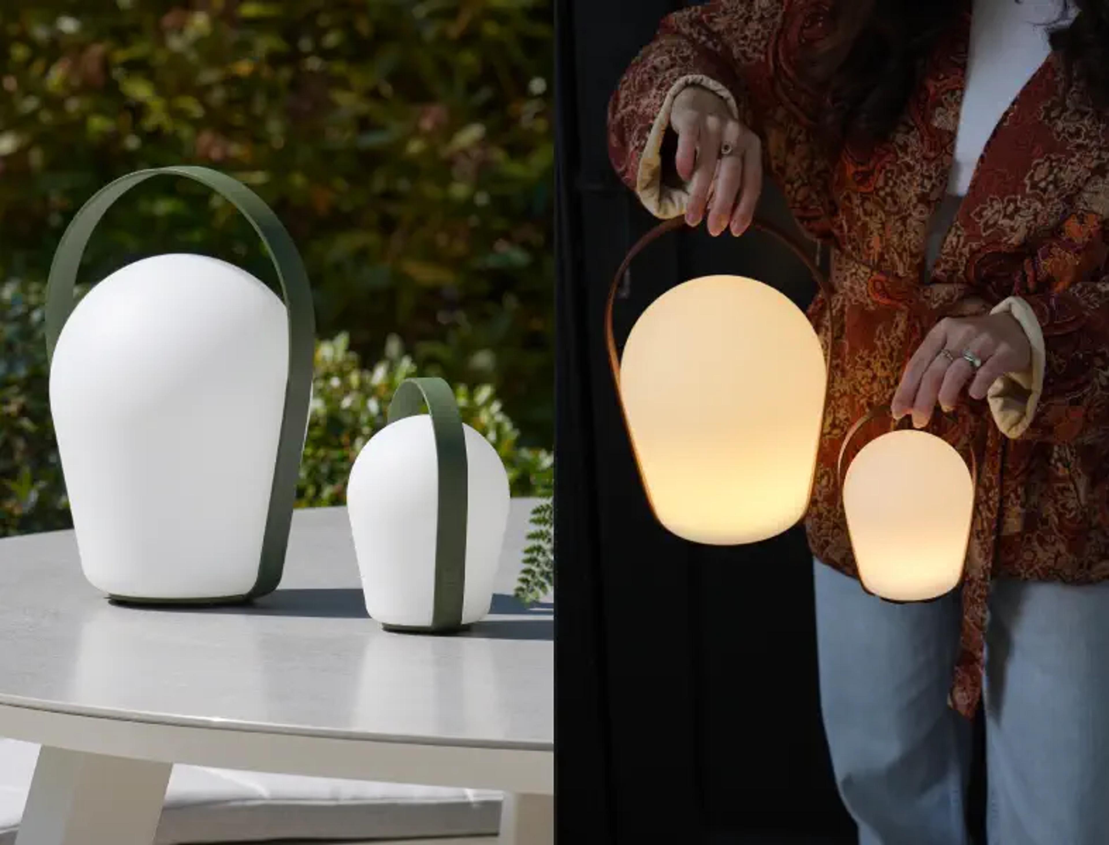 Twee beelden van de Bobo tuinlamp eenmaal in het groen en een in het roestbruin