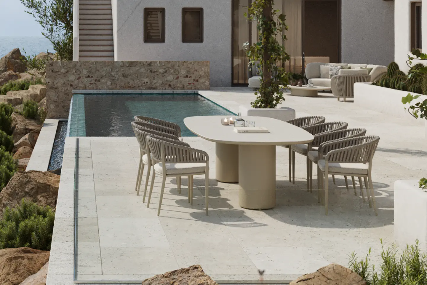 Zomers terras met Amico tuintafelset van Bristol à la carte door Exterioo tuinmeubelen