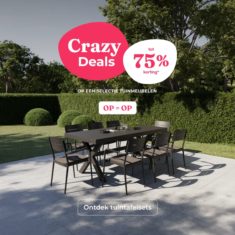 Crazy Deals bij Exterioo tuinmeubelen, tot wel -75% korting op een selectie tuinmeubelen. OP=OP