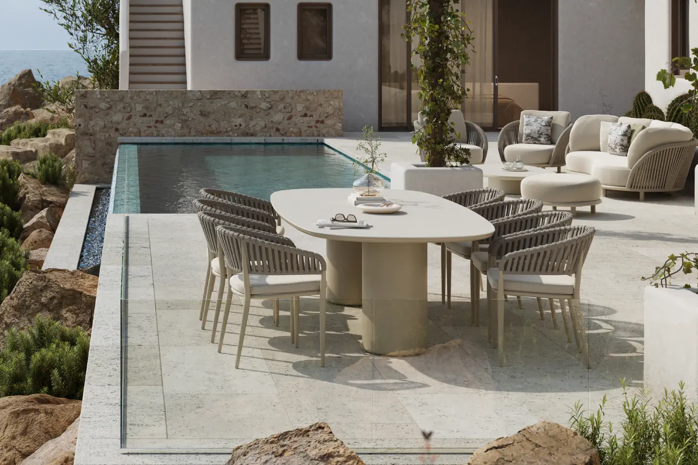 Zomers terras met Amico tuintafelset van Bristol à la carte door Exterioo tuinmeubelen