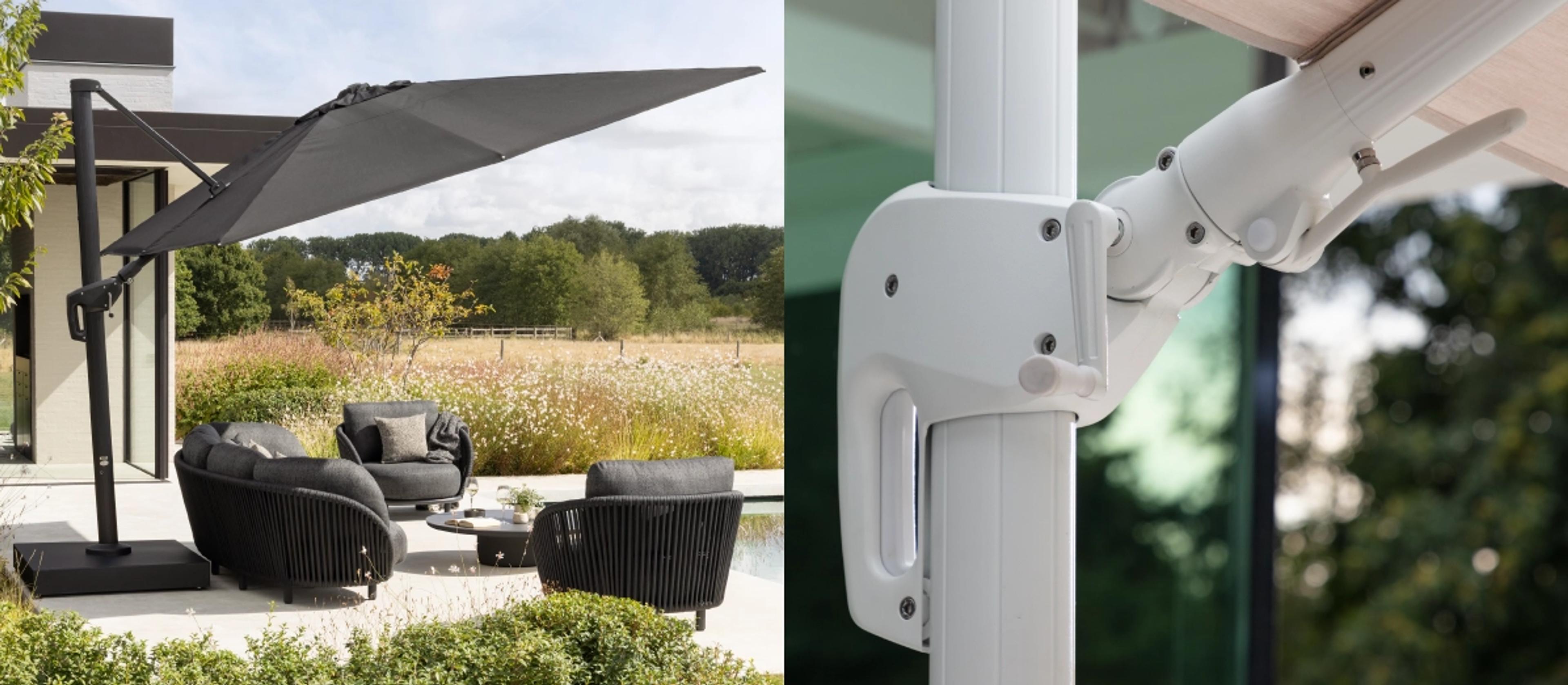 Twee beelden naast elkaar, het eerste is een zomers terras met zweefparasol van Bristol à la carte. Het tweede is een datail foto van een witte parasolmast.