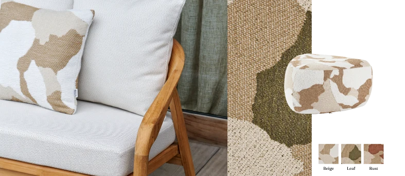 Detailfoto van stof Organic Beige en Organic Leaf Cosytica van Bristol à la carte door Exterioo tuinmeubelen