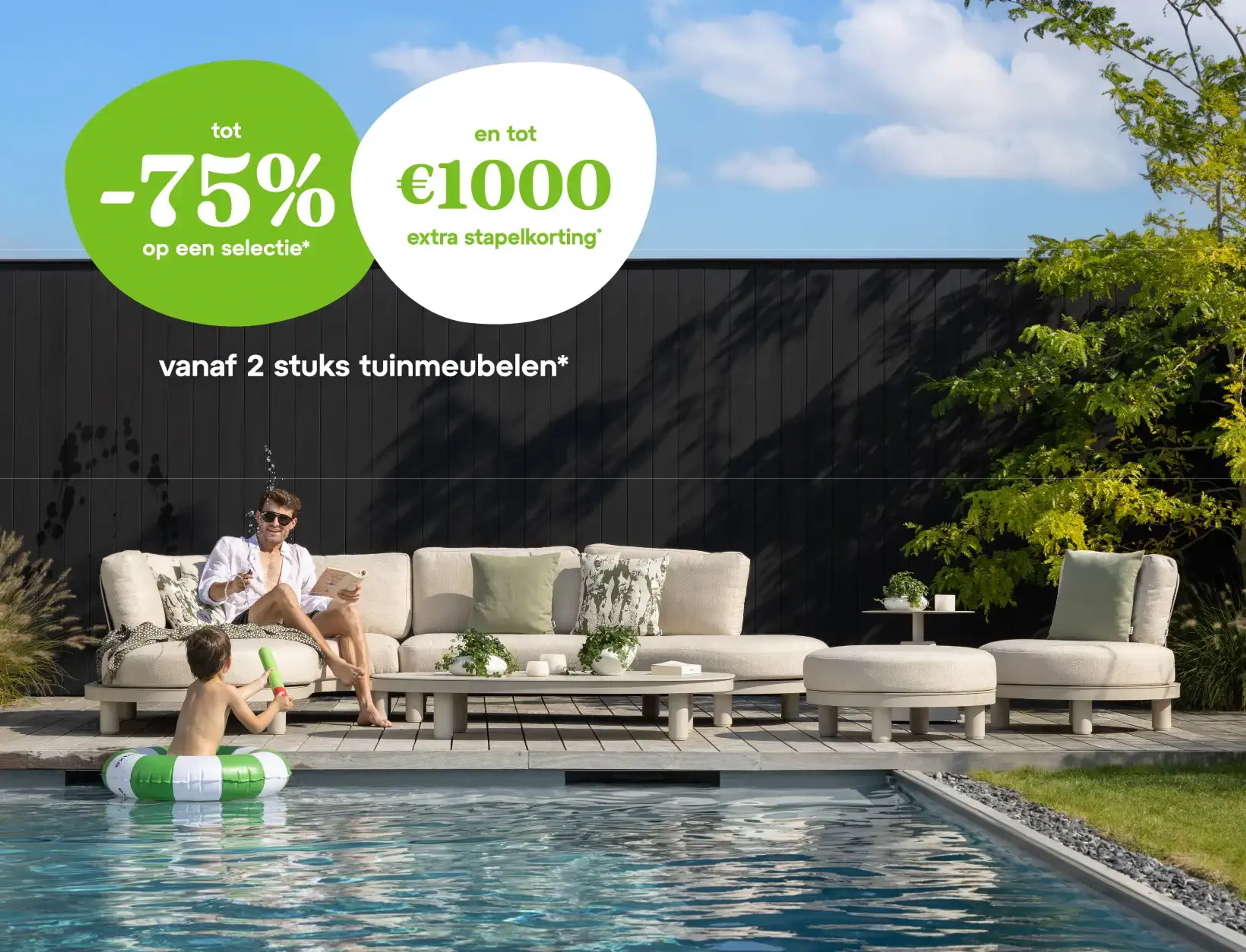 Einde seizoen bij Exterioo tuinmeubelen, tot -75% korting op een selectie tuinmeubelen en tot wel €1000 stapelkorting