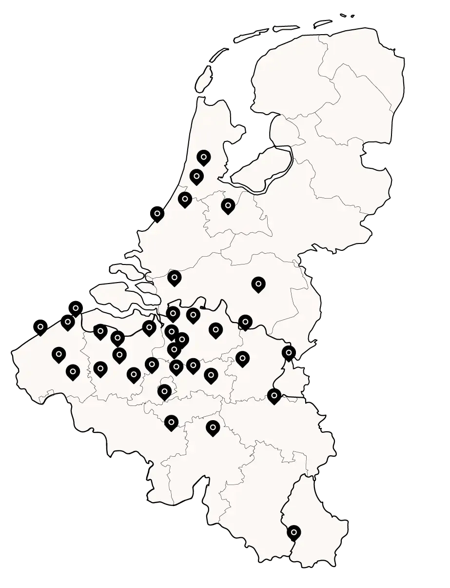 Map van BENELUX met aanduiding van showrooms