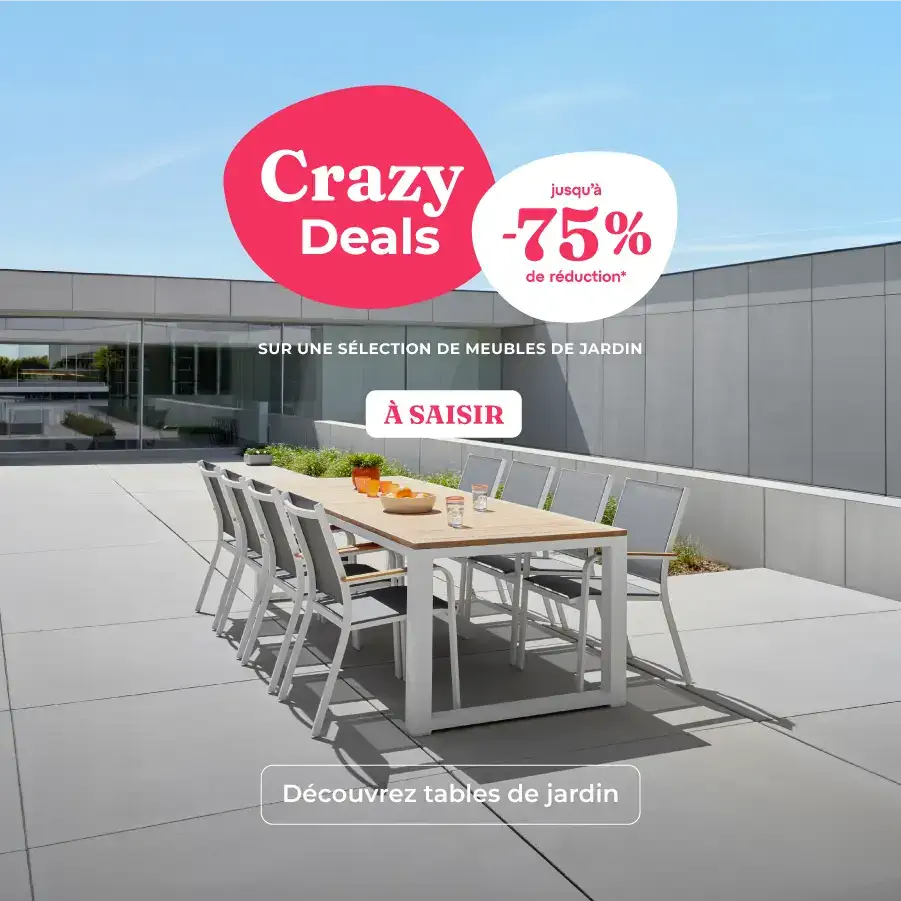 Crazy Deals chez Exterioo mobilier de jardin, jusqu'à -75 % de réduction sur une sélection de mobilier de jardin. À saisir.
