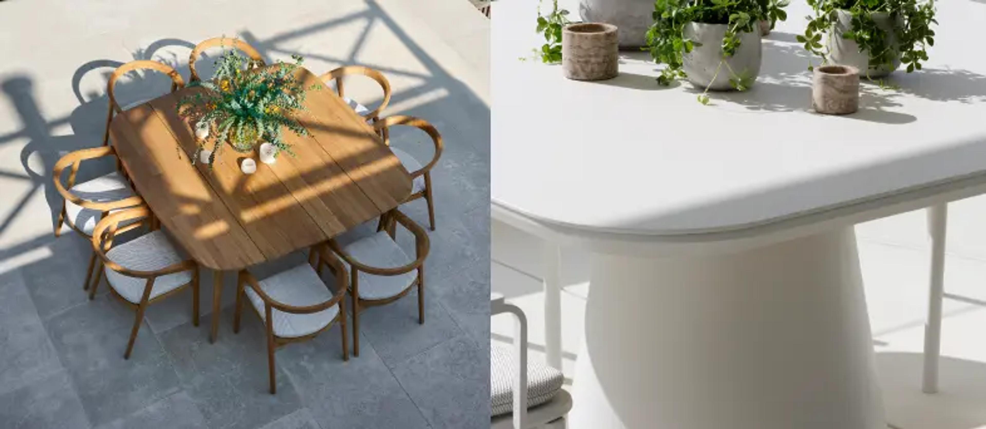 Een vierkante tuintafel op een zonnig terras van exterioo tuinmeubelen