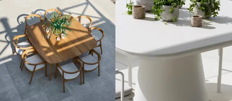 Een vierkante tuintafel op een zonnig terras van exterioo tuinmeubelen