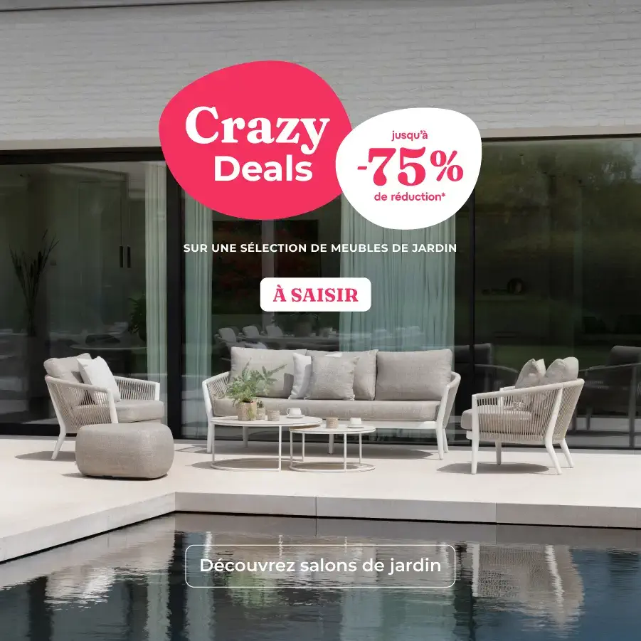 Crazy Deals chez Exterioo mobilier de jardin, jusqu'à -75 % de réduction sur une sélection de mobilier de jardin. À saisir.
