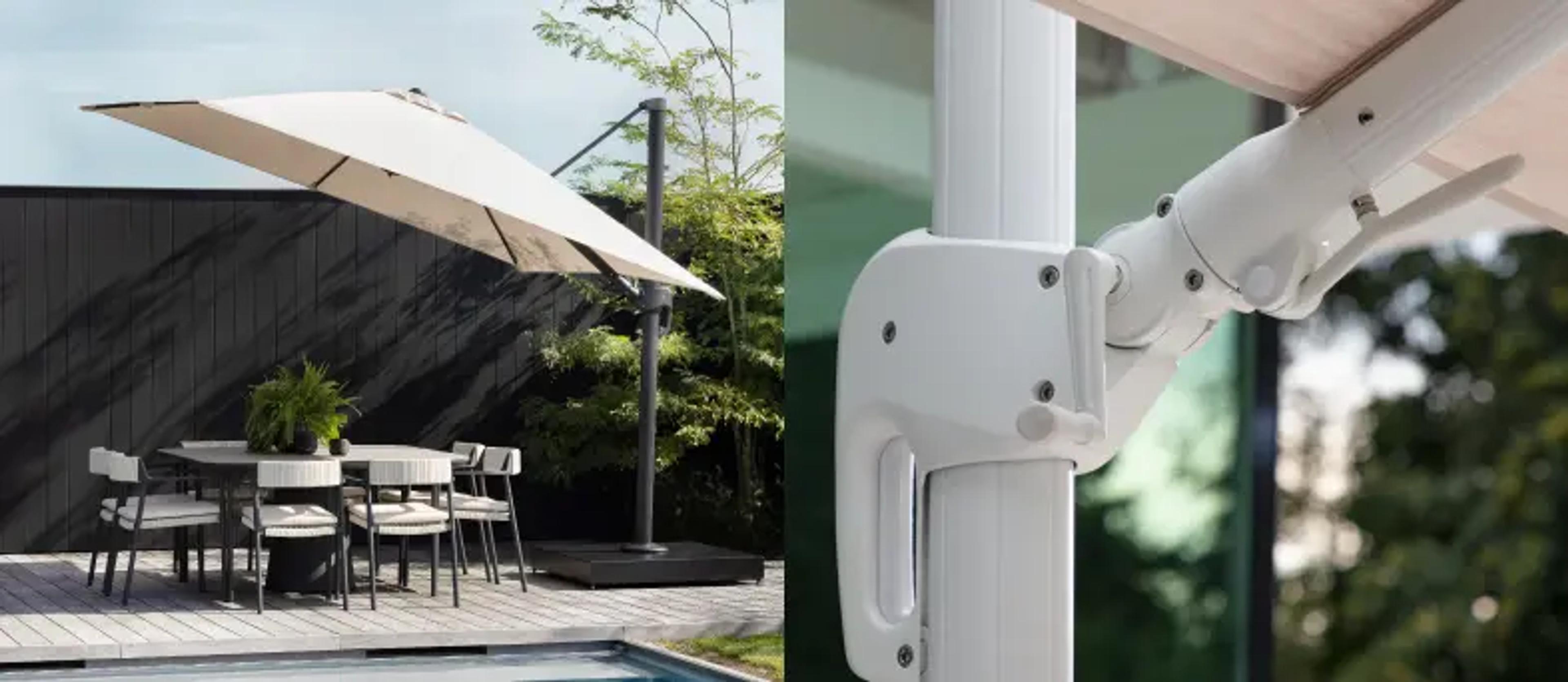 Twee beelden naast elkaar, het eerste is een zomers terras met zweefparasol van Bristol à la carte. Het tweede is een datail foto van een witte parasolmast.