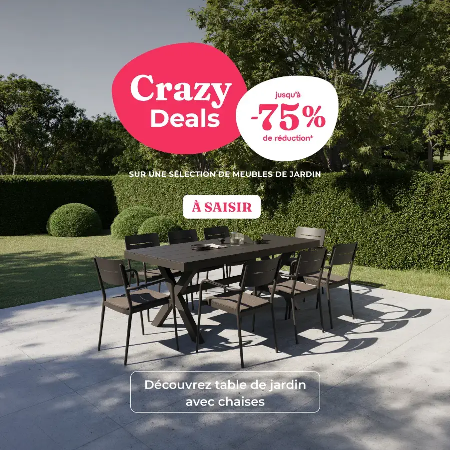 Crazy Deals chez Exterioo mobilier de jardin, jusqu'à -75 % de réduction sur une sélection de mobilier de jardin. À saisir.