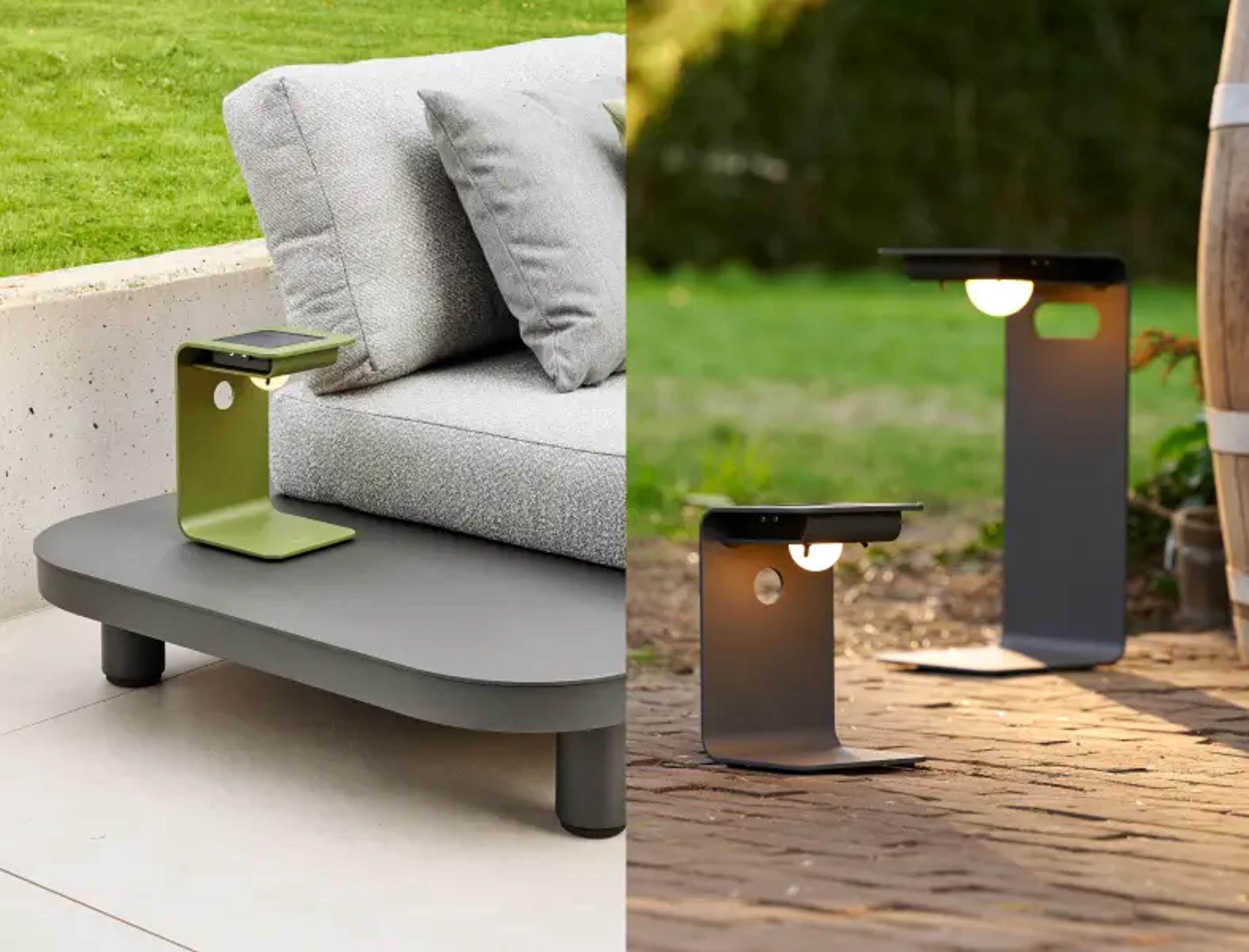 Een dubbel beeld van de Lumo tuinlamp een in het groen en een in het zwart
