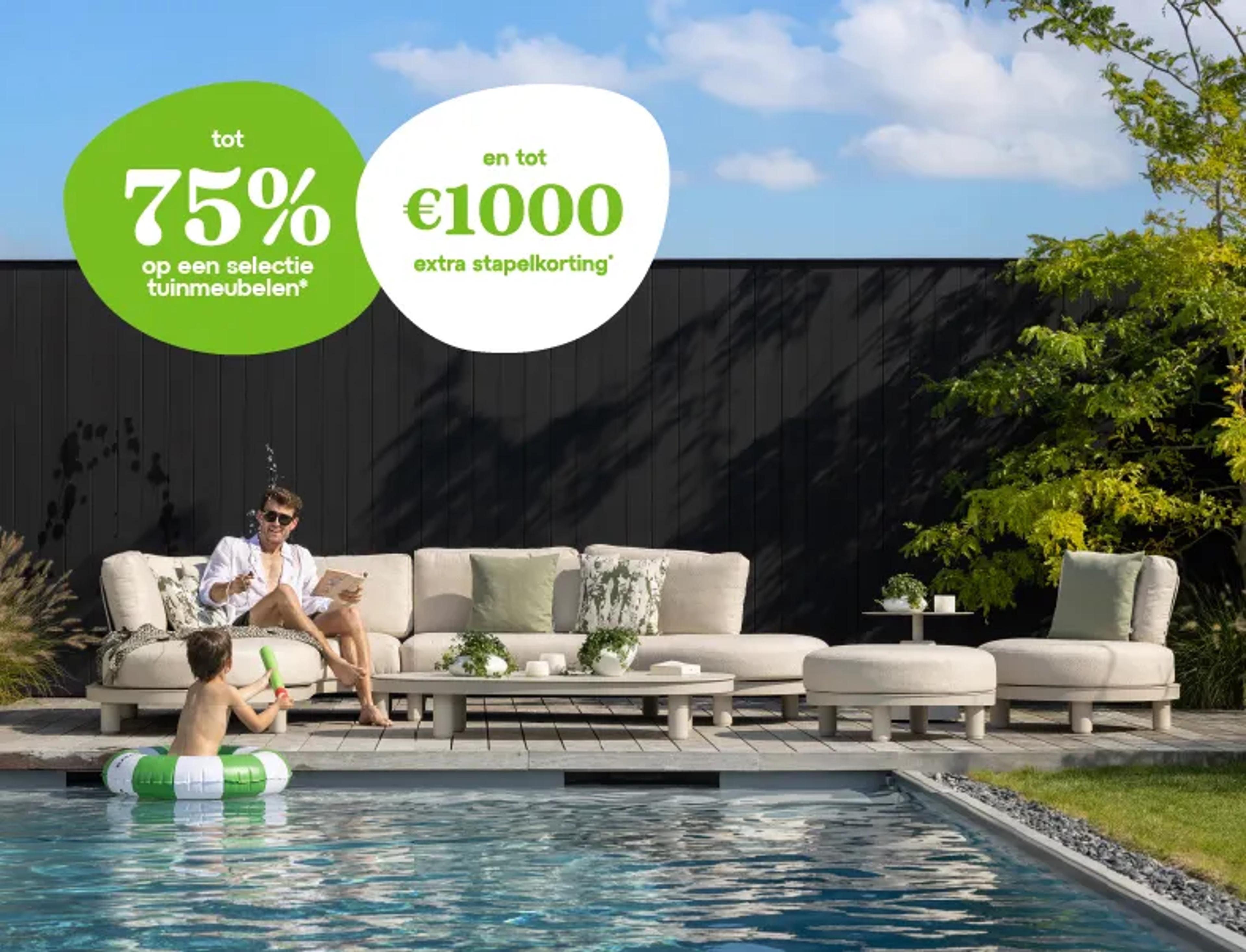 Einde seizoen bij Exterioo tuinmeubelen, tot 75% korting op een selectie tuinmeubelen*, en tot €1000 extra stapelkorting*