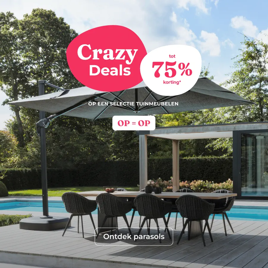 Crazy Deals bij Exterioo tuinmeubelen, tot wel -75% korting op een selectie tuinmeubelen. OP=OP