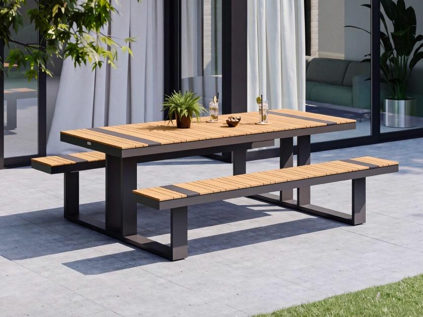 Zomers terras met picknickbank met Polywood van Vinci Basics door Exterioo tuinmeubelen