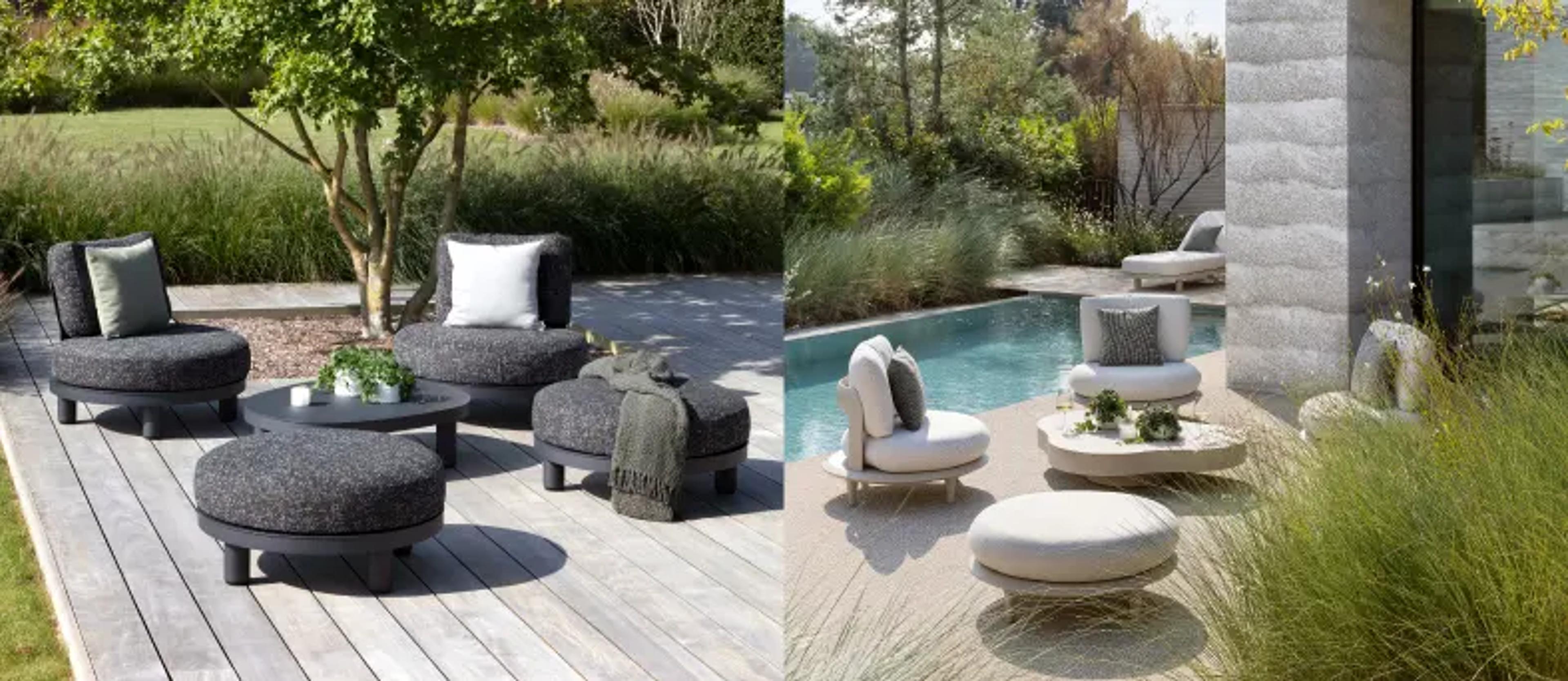twee foto's van een zomers terras van een donato loungeset en bomero loungeset