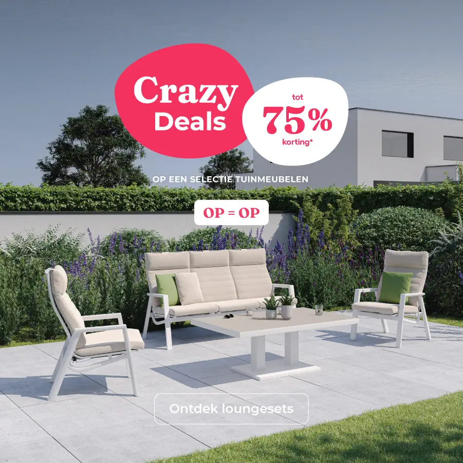 Crazy Deals bij Exterioo tuinmeubelen, tot wel -75% korting op een selectie tuinmeubelen. OP=OP