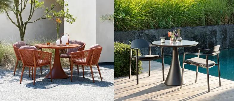 Een dubbel beeld van twee Fano tafels kleurrijke tafels op een zonnig terras van exterioo tuinmeubels