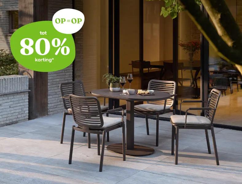 Einde seizoen bij Exterioo tuinmeubelen, tot 80% korting. OP=OP