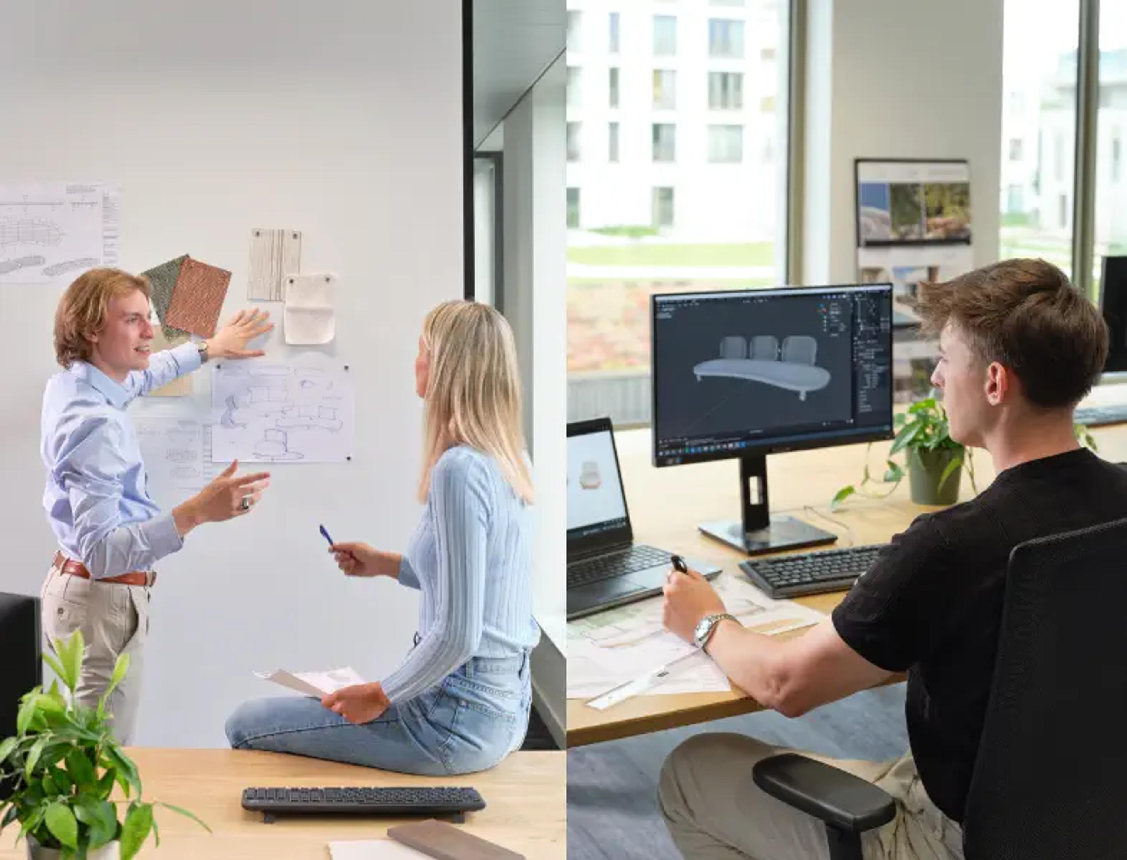 een dubbel beeld van een design bespreking en een technische tekening 
